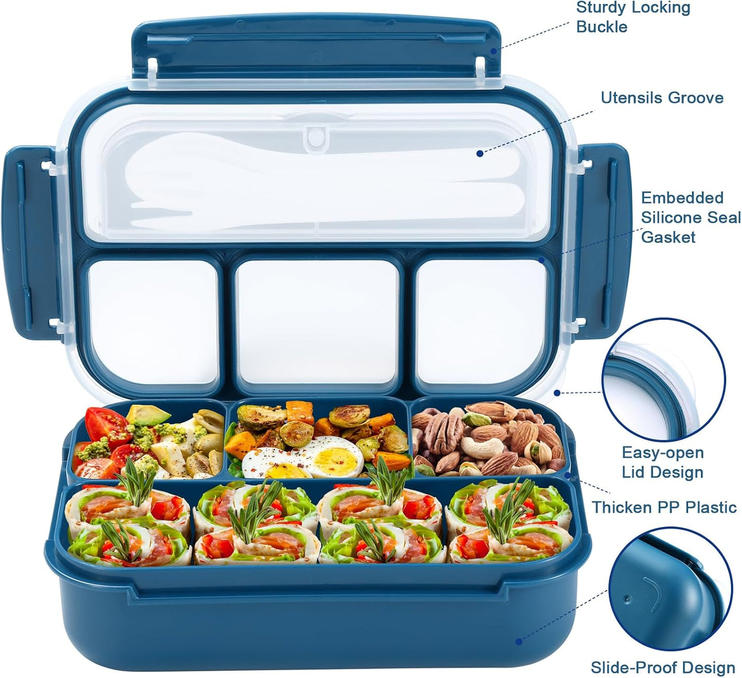 Bento Box Adult Lunch Box, Lunch Containers for Kids Girls Boys with 4 Compartments, Lunchable Food Container with Utensils, Sauce Jar, Muffin Liners, 40 Oz/5 Cup, Microwave Safe, Lavender