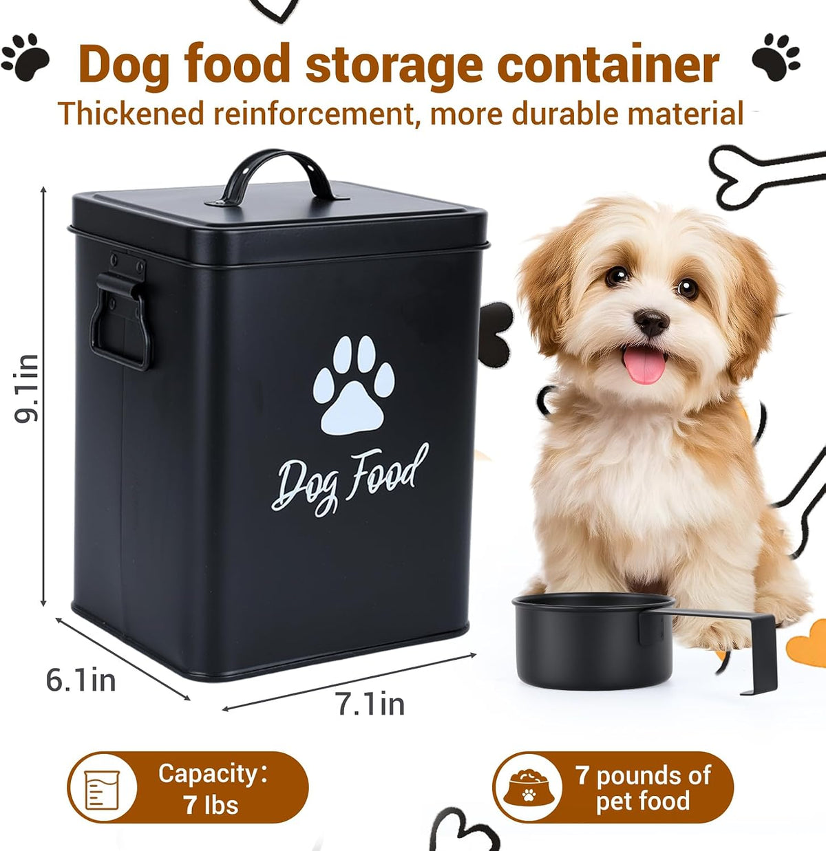 Dog Food Container 13lb, Cute Airtight Pet Food Storage Containers with Metal Lid Scoop, Black Metal Storage Bin for Dog/Cat with Wheels,Easy to Move