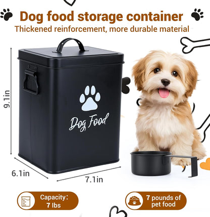 Dog Food Container 13lb, Cute Airtight Pet Food Storage Containers with Metal Lid Scoop, Black Metal Storage Bin for Dog/Cat with Wheels,Easy to Move