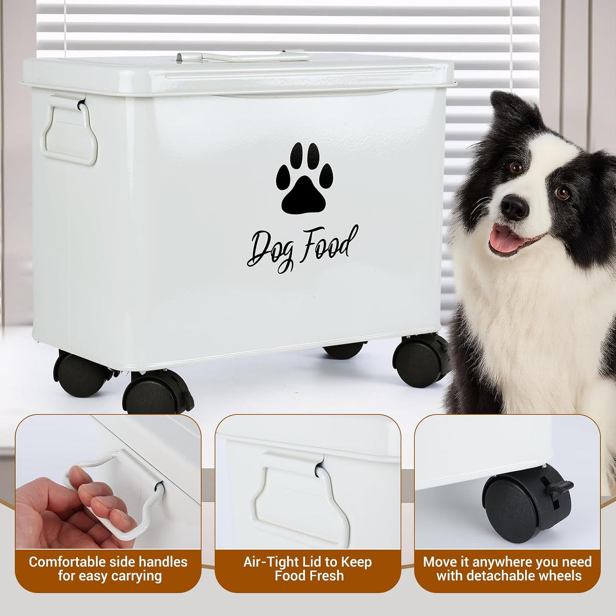 Dog Food Container 13lb, Cute Airtight Pet Food Storage Containers with Metal Lid Scoop, Black Metal Storage Bin for Dog/Cat with Wheels,Easy to Move