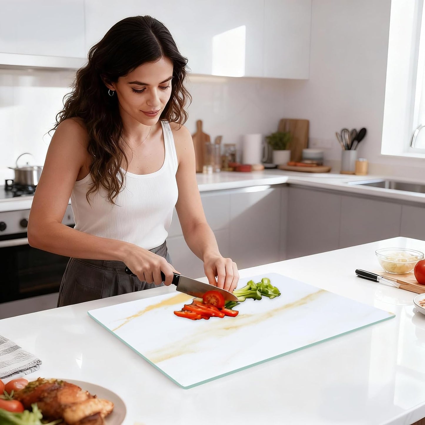 Murrey Home Glass Cutting Board Set for Kitchen Counter, Tempered Glass Chopping Boards Dishwasher Safe, Small Clear Countertop Tray, 16"x12"x2PC