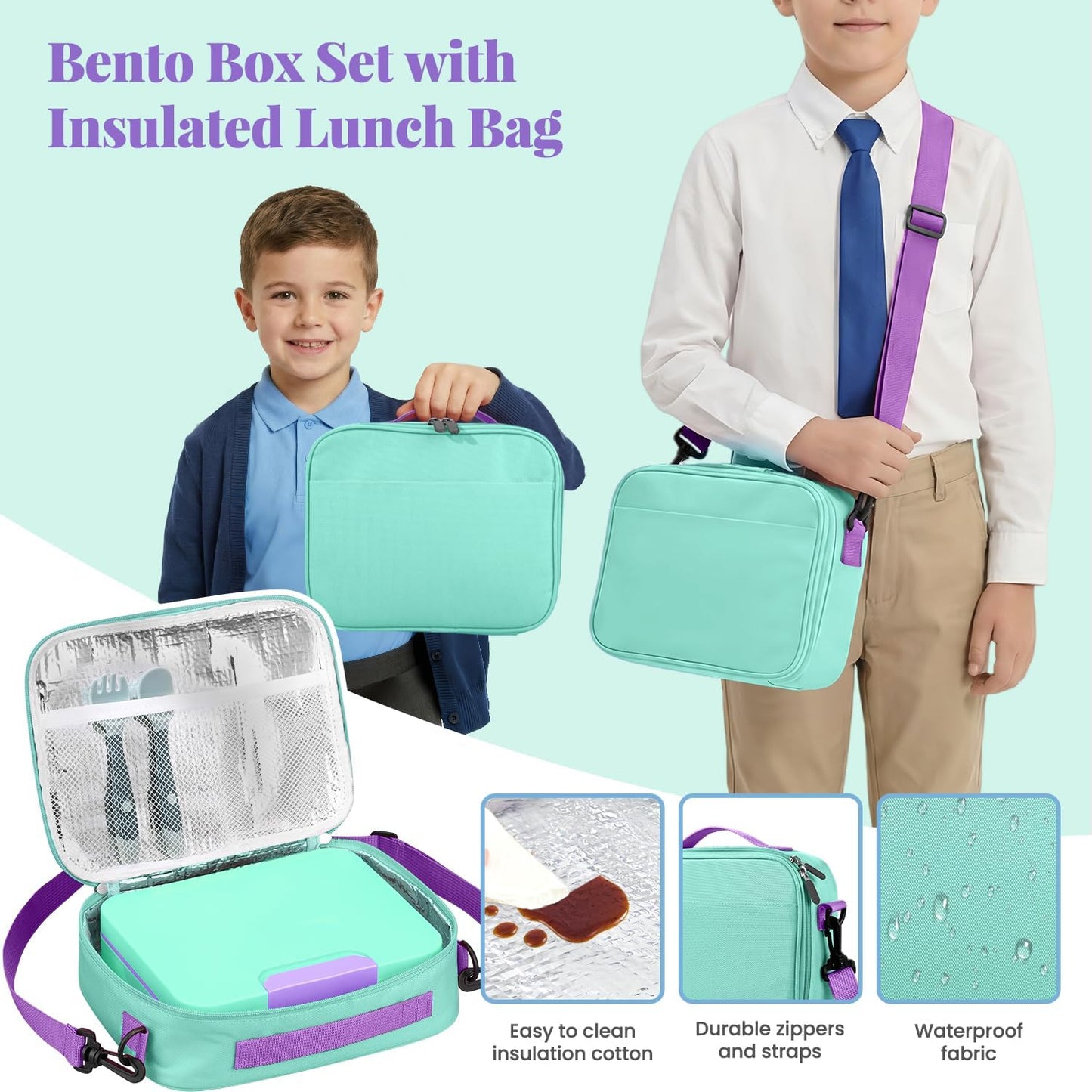 HWONMTE Bento Lunch Box Set for Kids with 9.5oz Soup Thermo Leak-Proof Lunch Food Container with Insulated Lunch Bag Hot Food Jar for Kid Toddler Girls Boys Teens to School,Travel (Green)