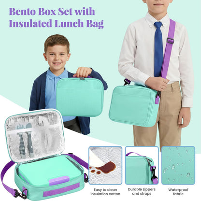 HWONMTE Bento Lunch Box Set for Kids with 9.5oz Soup Thermo Leak-Proof Lunch Food Container with Insulated Lunch Bag Hot Food Jar for Kid Toddler Girls Boys Teens to School,Travel (Green)