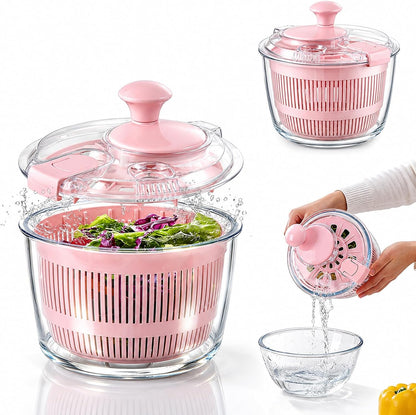 Glass Salad Spinner 3.2 Qt, Small Salad Spinner with Glass Bowl Removable Lid for Easy Cleaning Dishwasher Safe Glass Bowl Vegetable and Fruit Washer Dryer with Drain Spout Crank Handle White