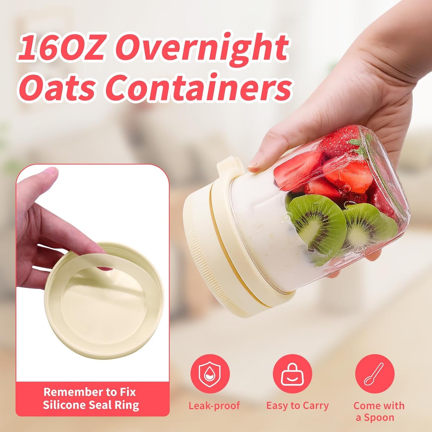 6 Packs Overnight Oats Containers with Lids, 16 Oz Glass Mason Jars with Spoons and Removable Separate Compartments Large Airtight Overnight Oats Jars for Milk Yogurt Fruit Salad