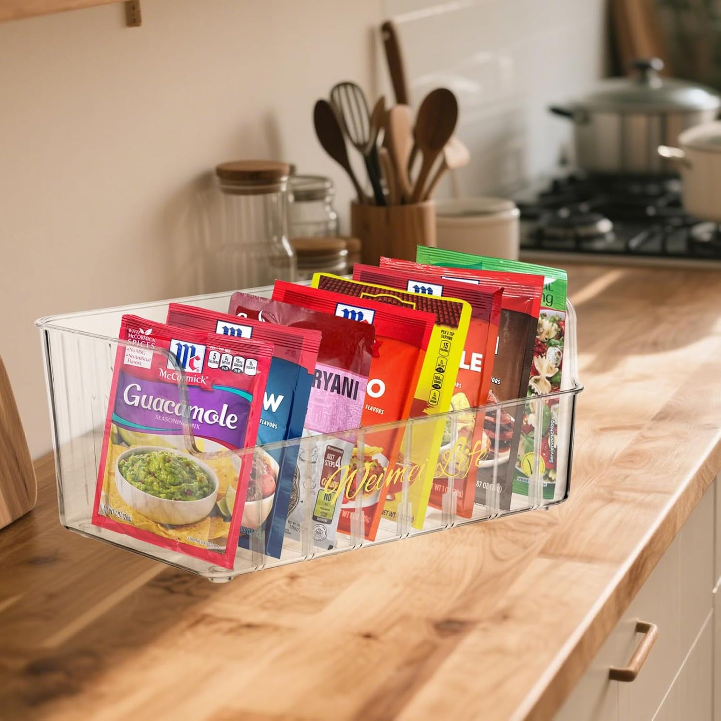 Rainmae Seasoning Packet Organizer with 7 Removable Dividers, Drink Packet Organizer Condiment Storage Caddy for Kitchen Pantry Cabinet Countertop Holds Spice Hot Chocolate Sauce Organization, Clear