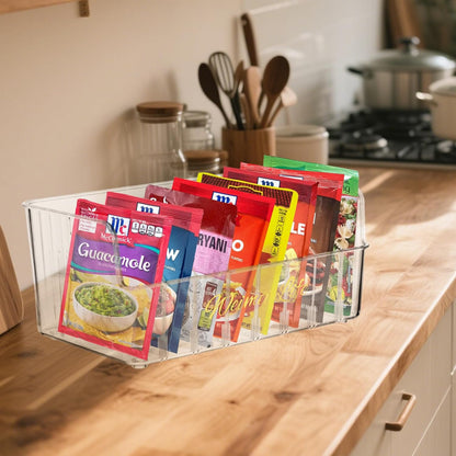 Rainmae Seasoning Packet Organizer with 7 Removable Dividers, Drink Packet Organizer Condiment Storage Caddy for Kitchen Pantry Cabinet Countertop Holds Spice Hot Chocolate Sauce Organization, Clear