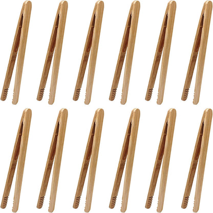 12 Pcs Bamboo Tongs 7 Inch Bamboo Toast Tongs for Serving Pickle Muffin, Cheese Fruits Salad, Toast & Bread