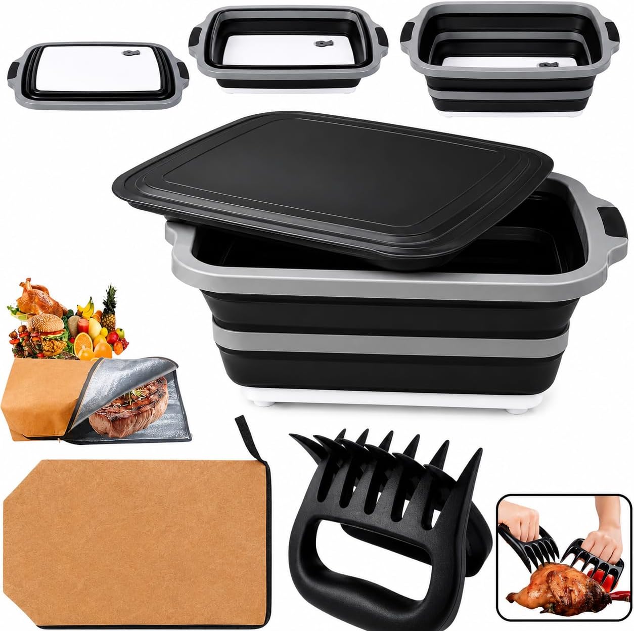 3pcs Barbecue Prep Tub, BBQ Blanket, Meat Shredder Claws | Collapsible 3 in 1 Cutting Board with Colander & Dish Basin, Insulated 21" Meat Resting Bag, Barbecue Grilling Accessories