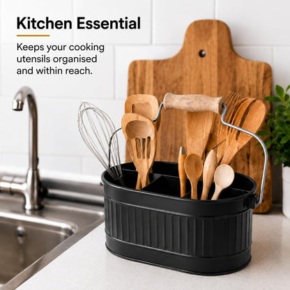 Alpha Living Home Galvanized Metal Utensil Caddy - Rustic Farmhouse Organizer Metal Garden Caddy with 4 Compartments and Wooden Handle for Kitchen, Buffet & Outdoor Events (Silver)