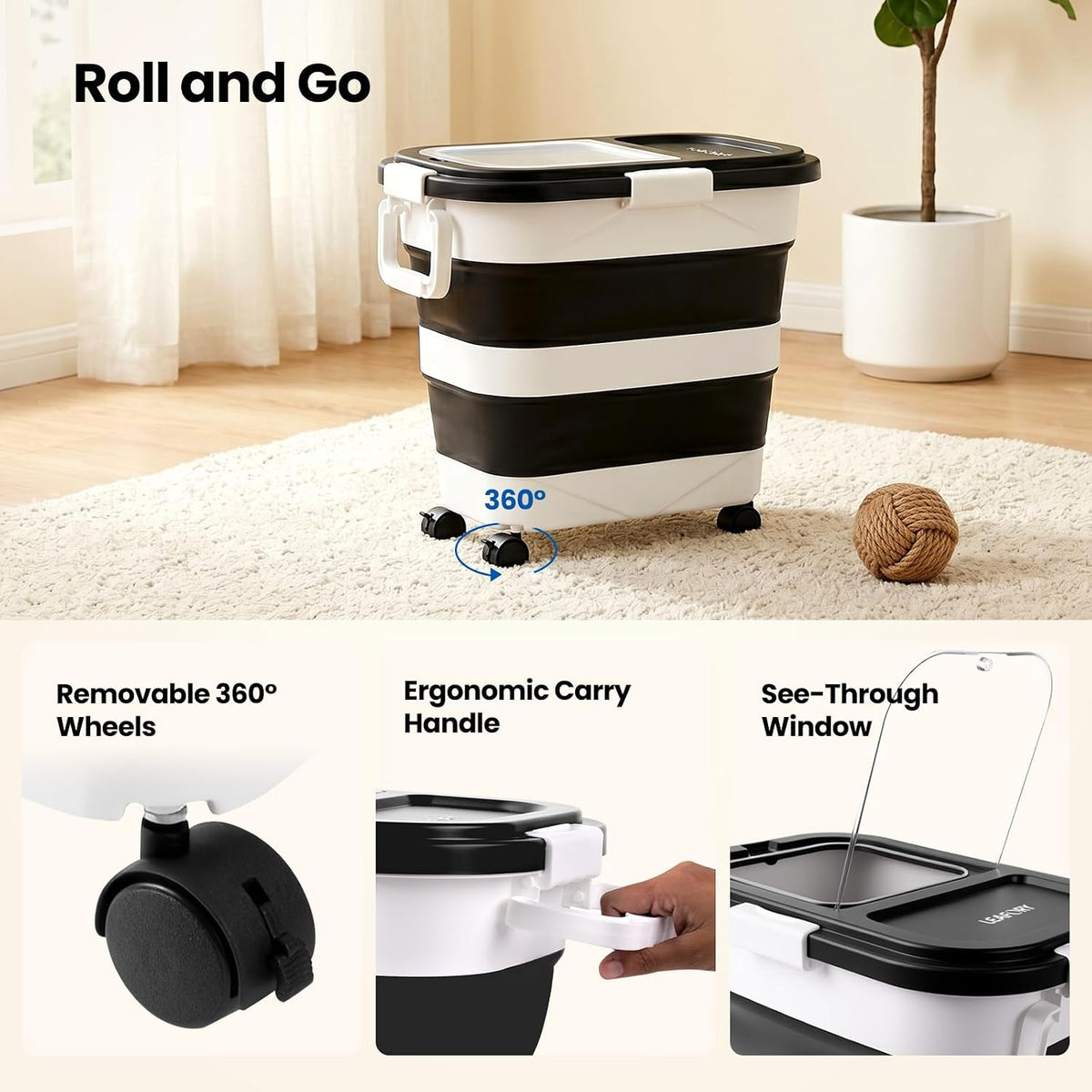Dog Food Storage Container 20-25lbs, Airtight Pet Food Bin with Locking Lid & Clear Window, Collapsible Rolling Storage Container with Wheels and Scoop, Black