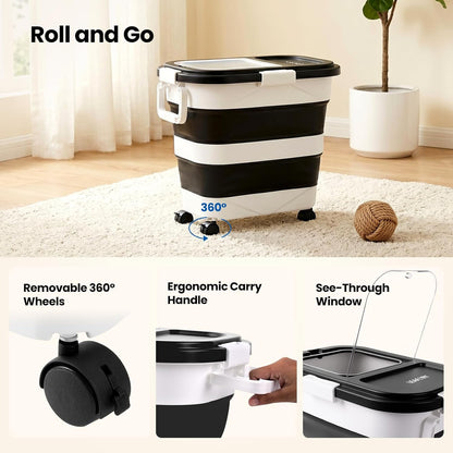 Dog Food Storage Container 20-25lbs, Airtight Pet Food Bin with Locking Lid & Clear Window, Collapsible Rolling Storage Container with Wheels and Scoop, Black