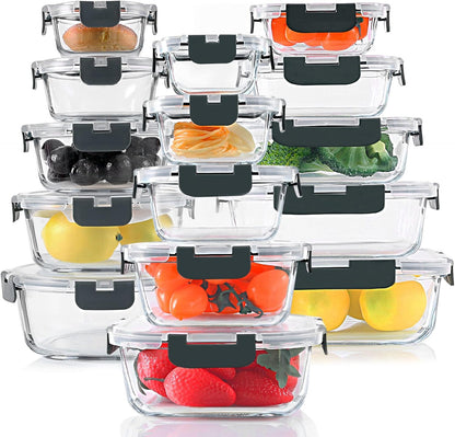 30 Pieces Glass Food Storage Containers, Meal Prep Set with Snap Locking Lids, Airtight lunch Containers, BPA-Free, Microwave, Oven, Freezer & Dishwasher Friendly,Blue