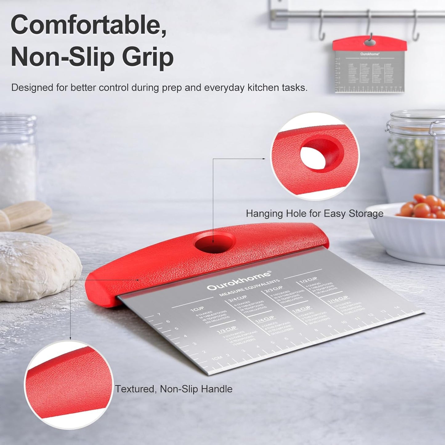 Ourokhome 2 Pack Bench Scraper Dough Cutter, Stainless Steel Dough Scraper with Laser-Etched Scale, Conversion Chart, Non-Slip Handle, Dishwasher Safe for Bread & Pastry, Black