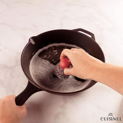 Cuisinel Cast Iron Scrubber Cleaning Brush + Pan/Grill Scraper - Skillet and Grill Cleaner Kit - Soft-Touch Confident-Grip Dish Scrub Tool - Tough on Grease, Gentle on Metal and Non-Stick Cookware