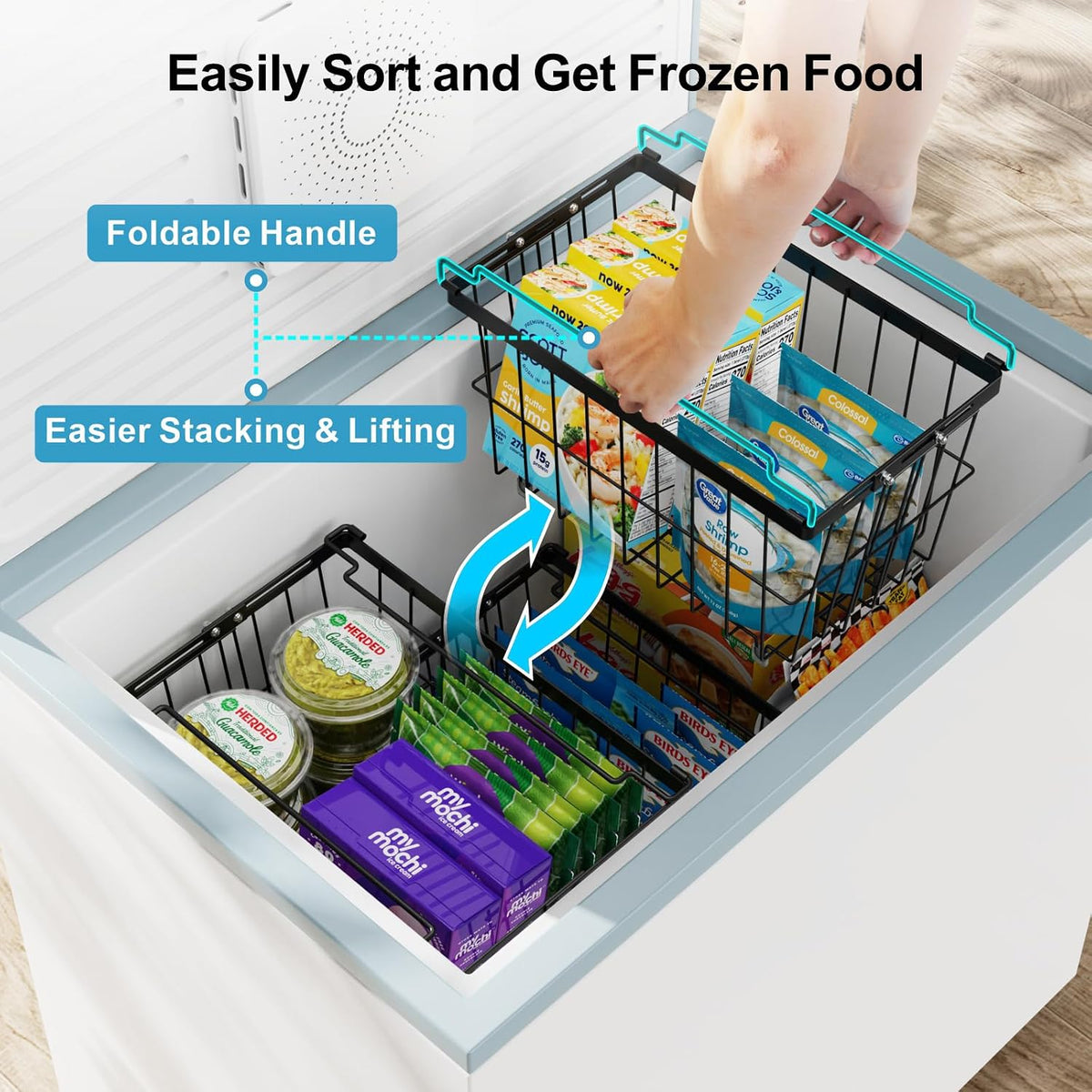 iSPECLE Chest Freezer Organizer - Adjustable Width & Extra Depth, 3 Pack | For 5-7 Cu Ft Chest Freezers, Stackable Large Freezer Organizer Bins, Easy Food Access & Organization, No Wasted Space, White