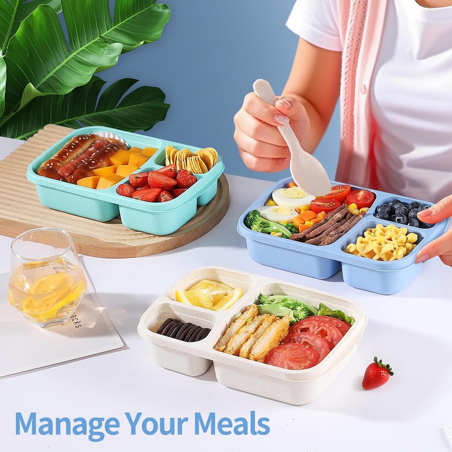 Bento Box Adult Lunch Box - 3 Pack,3-Compartment Leak-Proof Bento Boxes Ideal Portion Sizes for Kids , Reusable Food Storage Snack Containers,Microwave and Dishwasher Safe & Food-Safe Materials (blue)