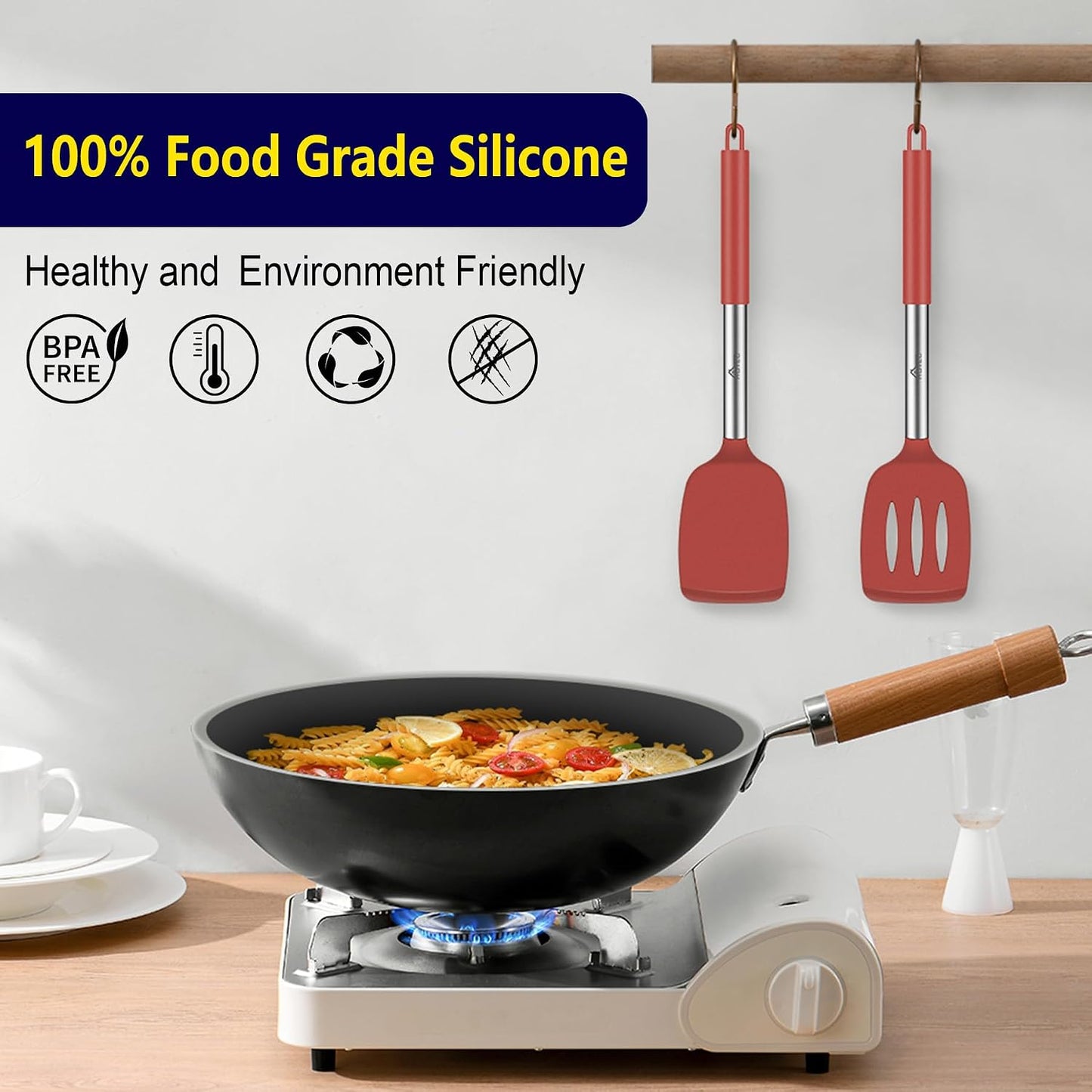 HOTEC Silicone Spatula Set of 2 Heat-Resistant 600°F & BPA-Free Kitchen SaptulaTurner with Stainless Steel Handles, Slotted & Solid Spatulas for Nonstick Cookware, 13.7 Inch, Classic Blue