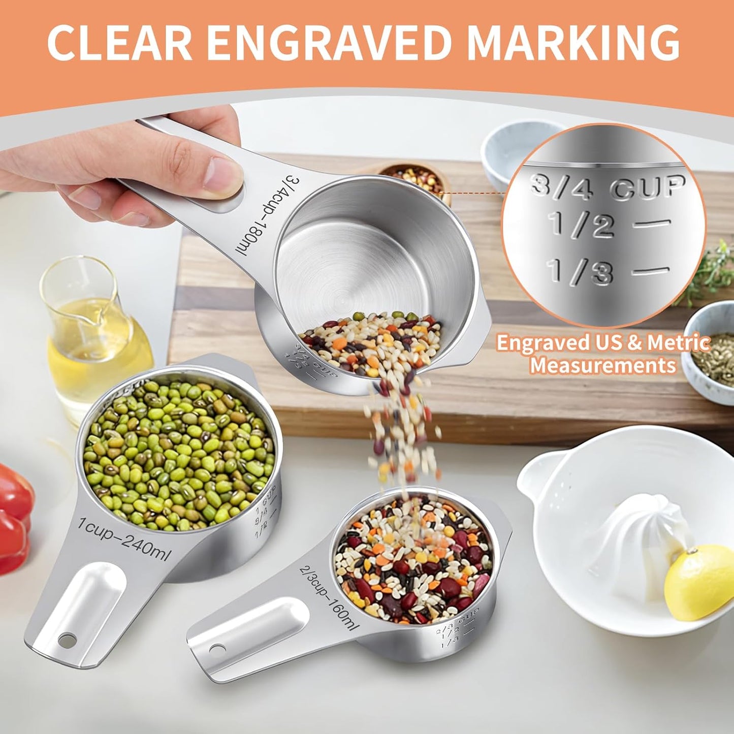 EWFEN Measuring Cups and Spoons Set, 7 Stainless Steel Nesting Measuring Cups & 7 Spoons, 5 Mini Measuring Spoons & 2 Detachable Rings, Kitchen Gadgets for Cooking & Baking, Round