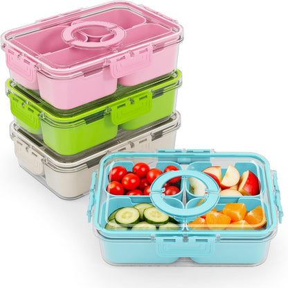 Small Snack Box Containers for Adults Men Women with 4 Compartments,Reusable Bento Box Adult Food Trays for Fruit,Charcuterie,Pink Lunch Box Divided Serving Tray with Lid and Handle for Work Travel