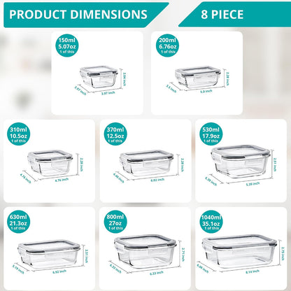 Sorbus 16pc (8 Rectangular 35oz Food Storage Containers and 8 Airtight Lids) – 4.4 Cup Glass Meal Prep Containers, Dishwasher, Freezer, and Oven Safe – Reusable Glass Food Containers for Meal Prep