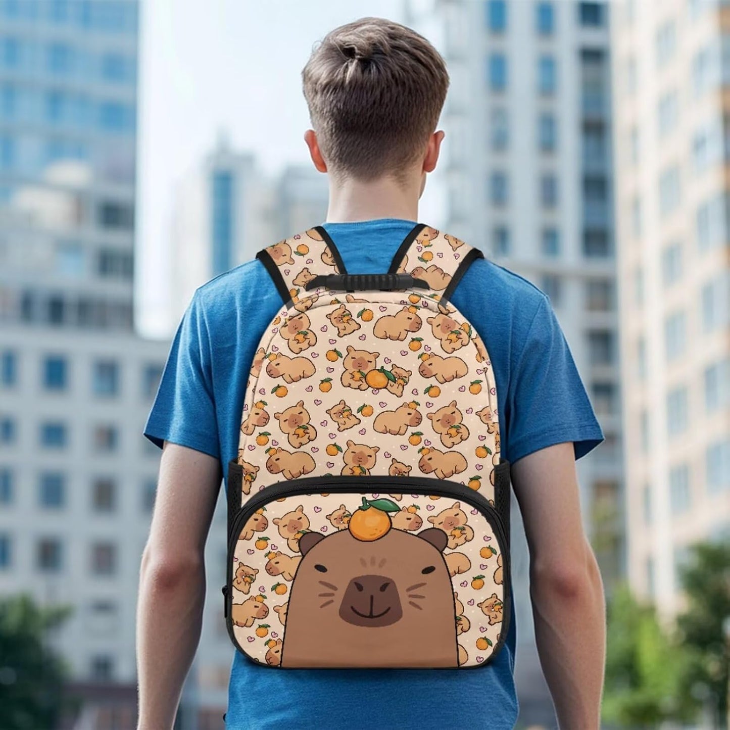 Cute Capybara Pizza Backpack for Girls, 5 Pcs Boys School Bag Set for Kids, 17 Inch Backpacks Lunch Pencil Box Reusable Utensils Case Set for Middle Elementary School, 3rd Grade Backpack