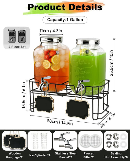 Glass Drink Dispenser 2 Pack with Stand - 1 Gallon Glass Beverage Dispenser for Parties, Juice, Water - Includes Spigot and Filter Separation and Chalkboard Labels