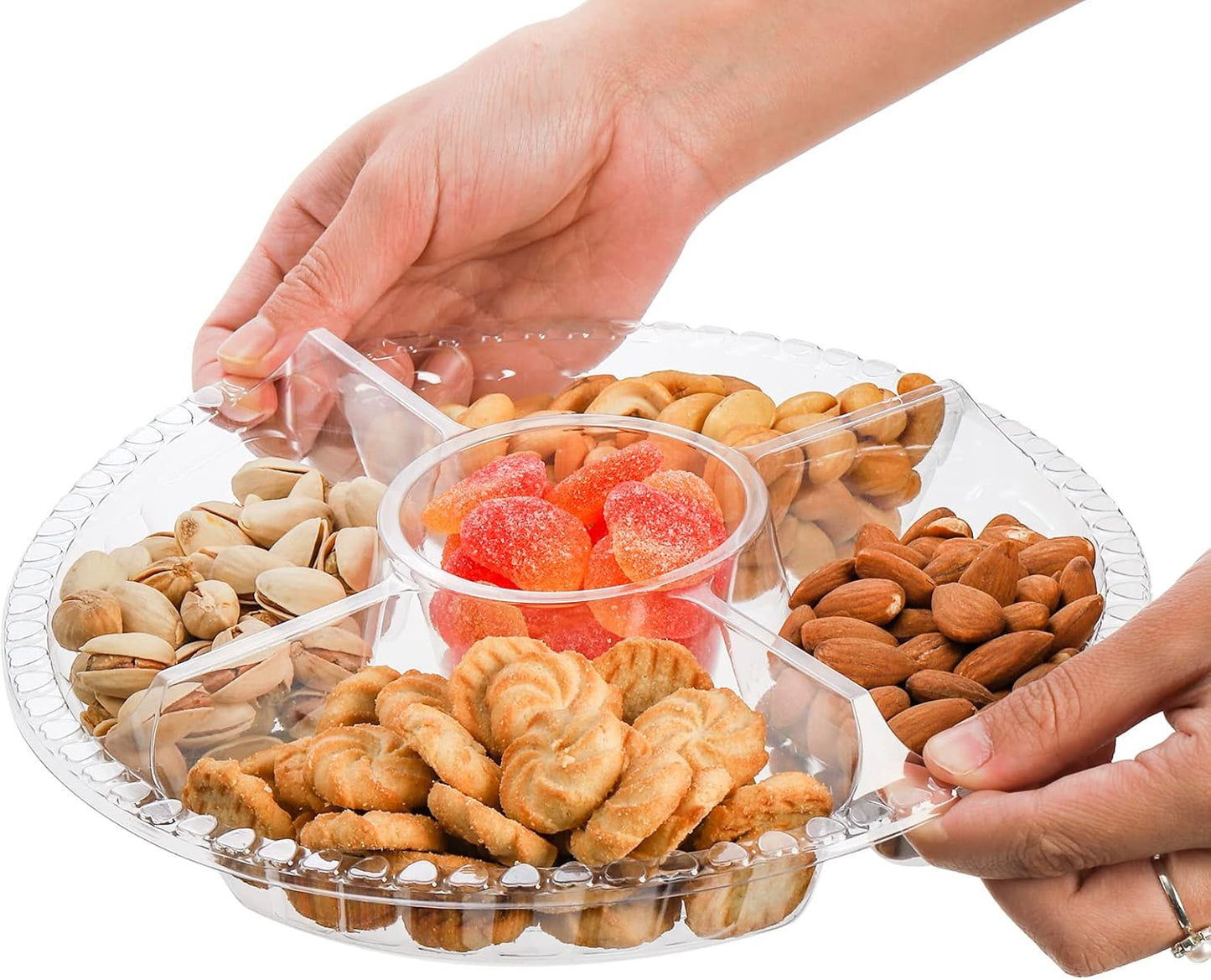 Lyellfe 30 Pack Plastic Appetizer Tray with Lid, Disposable Veggie Fruit Snack Tray with 5 Compartment, 9.5 Inch Heavy Duty Clear Round Food Container Platter for Salad, Nut, Olive, Party