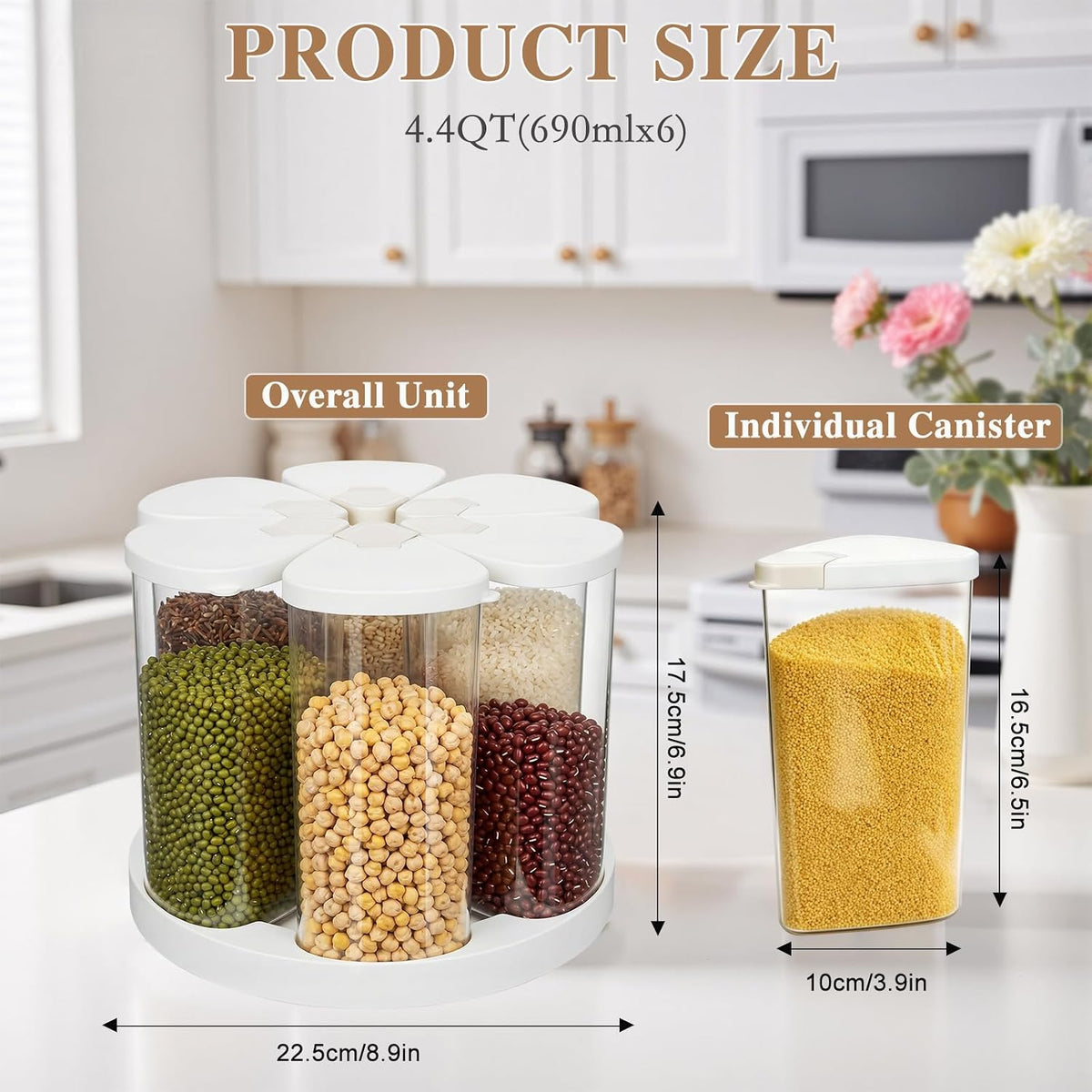 6 Grids 360° Rotating Cereal Dispenser Countertop - 7 lbs Rice Dispenser for Pantry Kitchen - Small Food Storage Containers Set with Lids - Grain Cereal Storage Container for Oats, Flour, Bean