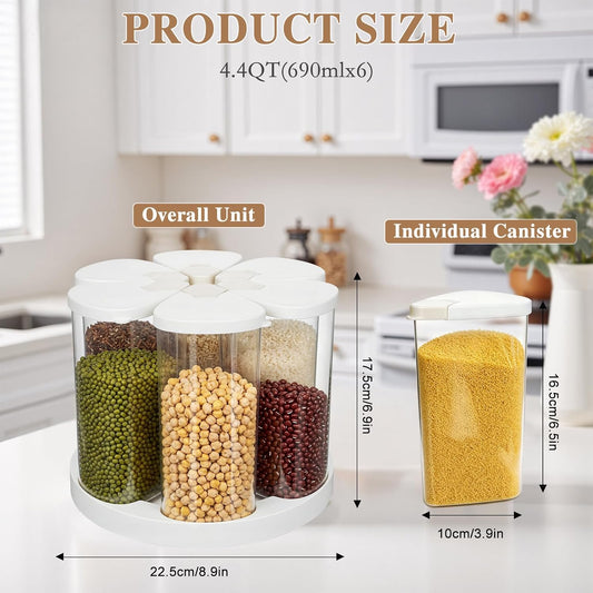 6 Grids 360° Rotating Cereal Dispenser Countertop - 7 lbs Rice Dispenser for Pantry Kitchen - Small Food Storage Containers Set with Lids - Grain Cereal Storage Container for Oats, Flour, Bean