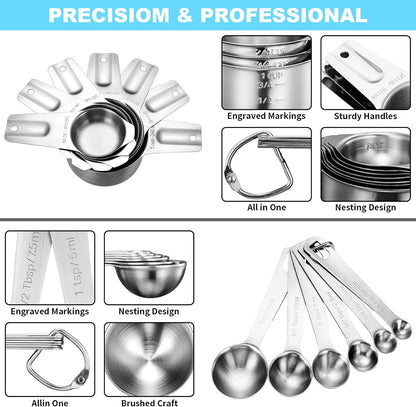 AIKEXIN 20 PCS Measuring Cups & Spoons Set, for Cooking & Baking Gadgets | 18/10 Stainless Steel, Metal Material | Nesting, Stackable Design | Dry & Liquid | Plastic | Leveler, Conversion Chart