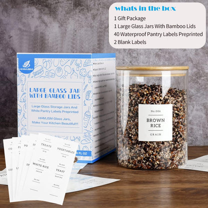 Large glass flour and sugar containers with 132 Kitchen Pantry Labels - 110 oz Glass Food Storage Containers with Airtight Lids - Square Glass Jars with Bamboo Lids for Rice, Pasta, Cookies, grain