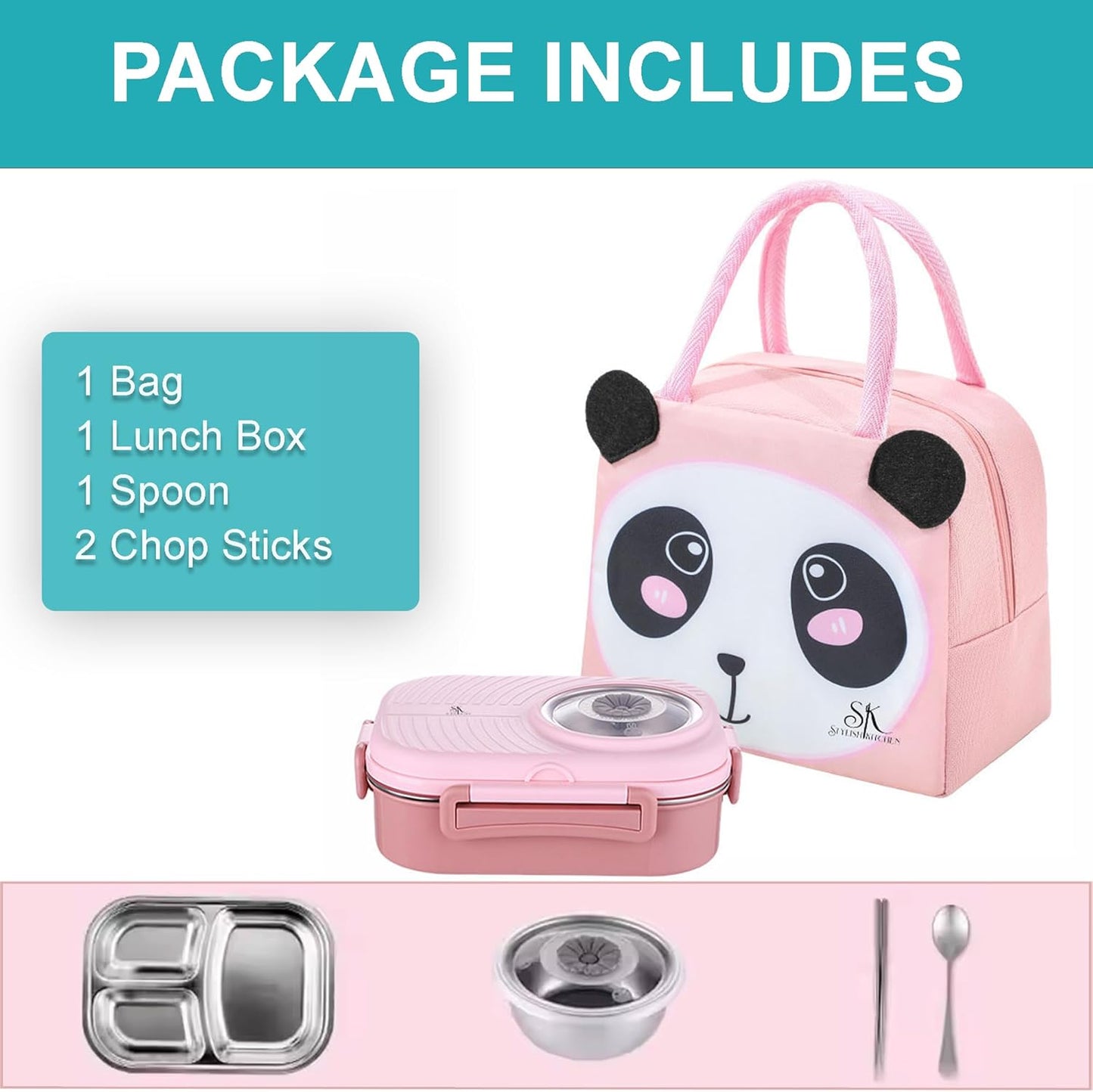 Kids Bento Lunch Box with Bag – Leakproof Stainless Steel Bento Box for School, 3 Compartments, Soup Bowl, Spoon & Chopsticks, Lunchbox Set for Girls & Boys (Blue)