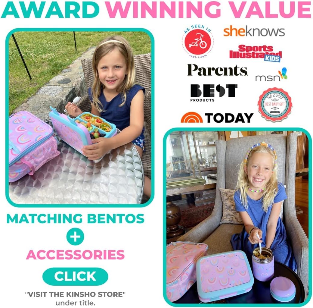 Bento Box with Stainless Steel Thermo, Insulated Lunch Bag, Ice Pack Set for Kids - 5 Compartments, Lunches or Snack Container for Girls, Toddlers Daycare Pre-School, Kindergarten Purple Unicorn