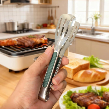 Stainless Steel Kitchen Tong Set - Anti-Slip Heat-Resistant Grip, Widened 3-Line Slotted Heads for Easy Clamping (Steaks, BBQ, Pasta, Salads), Easy Clean for Versatile Use Set of 3-6", Silver