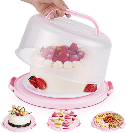 Cake Carrier with Lid and Handle, BPA-Free Cake Containers Cake Stand for 10 inch Cake with 2 Handles Cupcake Carrier - Plastic Cover Two Sided Base for Transport Pie Nuts Fruit Perfect Gifts