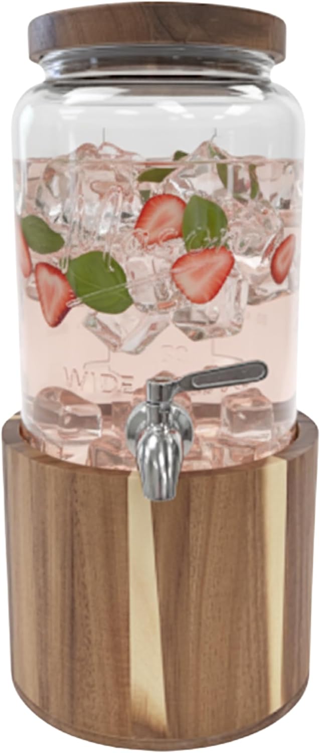 1 Gallon Glass Water & Lemonade Dispenser with Wooden Lid & Stand – Mason Jar Beverage Dispenser with Stainless Steel Spigot, Measurement Marks – Drink Server for Parties, Events, Home Use