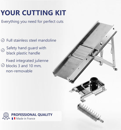 Bron Coucke – Professional Stainless Steel Mandoline with Protective Carriage – 2 Integrated Cutting Blade Units (3 mm & 10 mm) – Smooth & Corrugated Blades – Adjustable – Multi-Function