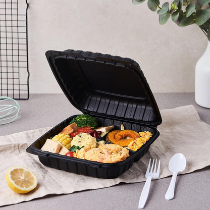 8X8 3-Compartment 50-Pack Plastic Clamshell Takeout Food Trays Heavy Duty Togo Disposable Box Carryout Meal Prep Packaging Catering Hinged Containers With Secure Snap Lid (Formerly FULING)