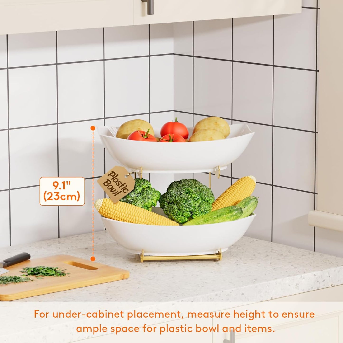 Lifewit Plastic Fruit Bowl for Kitchen Counter, 3 Tier Fruit Basket with Gold Metal Stand, Tiered Fruit Holder for Countertop Serving Tray for Vegetable/Dessert in Party 28 x 21 x 35cm/11 x 8.4 x 14