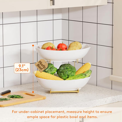 Lifewit Plastic Fruit Bowl for Kitchen Counter, 3 Tier Fruit Basket with Gold Metal Stand, Tiered Fruit Holder for Countertop Serving Tray for Vegetable/Dessert in Party 28 x 21 x 35cm/11 x 8.4 x 14