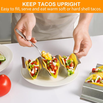 Taco Holder 6 Packs - Health Material Stainless Steel Taco Holders set of 6, Oven & Dishwasher & Grill Safe Taco Shell Tray, Each Metal Taco Stands for 3 Tacos, Stylish Taco Rack with Handles