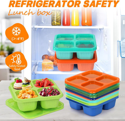 buluker 8 Pack Bento Snack Containers Set， 4 Compartment Food Storage Containers ，Wheat Straw Meal Prep Lunch Box ，Plastic Food Storage container, Microwave and Dishwasher Safe (Bright color)