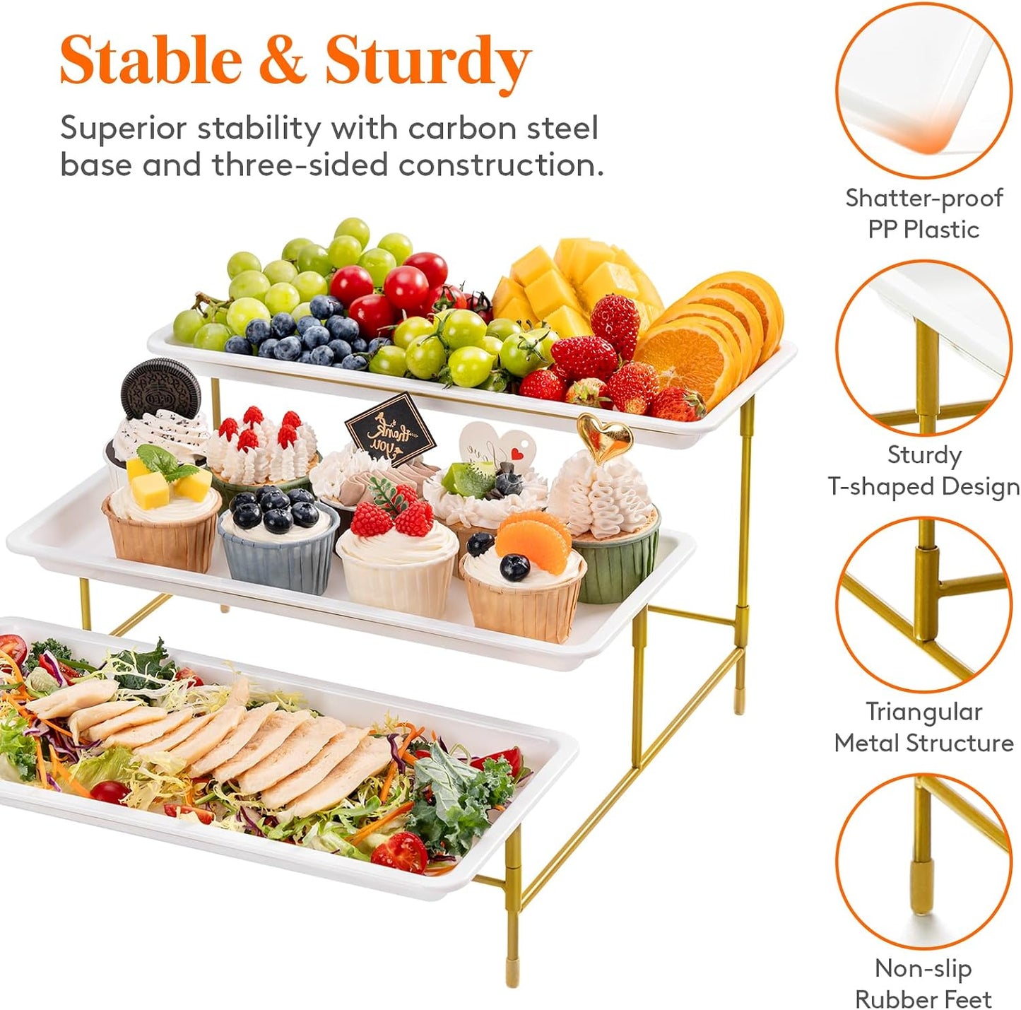Lifewit 3 Tier Serving Tray for Party, 36 x 17 cm/14 x 6.5 Plastic Serving Platters, White Tiered Tray Stand with Gold Collapsible Metal Stand, Decorative Dessert Table Display Set for Buffet
