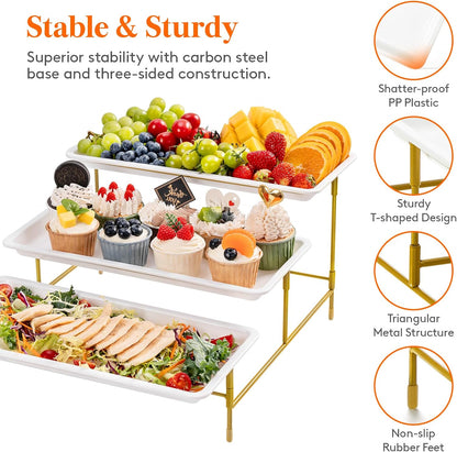 Lifewit 3 Tier Serving Tray for Party, 36 x 17 cm/14 x 6.5 Plastic Serving Platters, White Tiered Tray Stand with Gold Collapsible Metal Stand, Decorative Dessert Table Display Set for Buffet