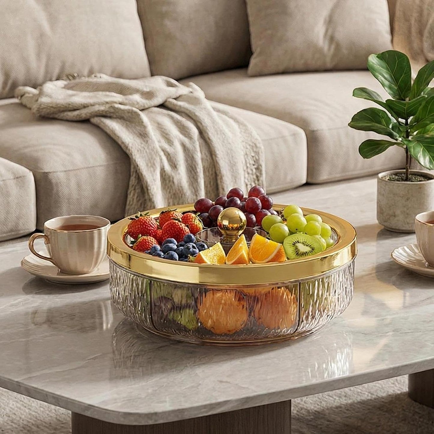 Amagogo Divided Serving Tray with Transparent Lid Snack Tray Rotatable Base Appetizer Platter with 6 Compartments Dessert Dish Suitable for Gift Giving Home D, Golden Bow