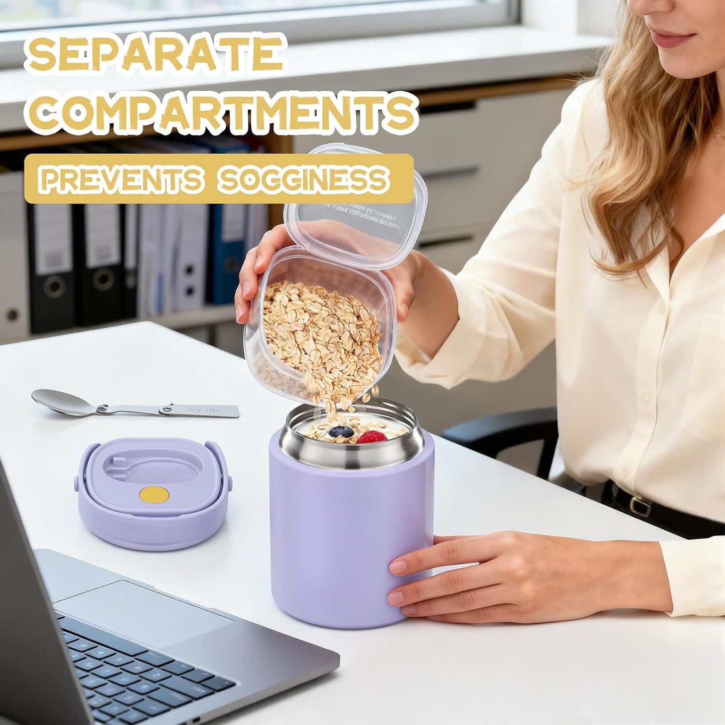 2 - in - 1 Soup Thermo for Hot Food 14oz with Snack Box Container Leak Proof Insulated Lunch Container Kids and Adults Stainless Steel Double Wall Vacuum Wide-mouth Thermal with Spoon and Handle