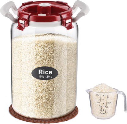 2.6 Gallon Glass Rice Storage Container with Airtight Lid & Handle, 10L Large Glass Food Storage Jar for 20 lb Rice or 10 lb Flour, Wide Mouth Pantry Canister with Silicone Base