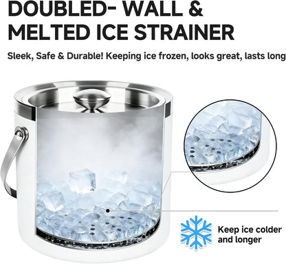 3L Double-Wall Insulated Stainless Steel Ice Bucket with scoop for Cocktail Bar - Metal Ice Bucket for freezer with Lid for parties,Camping,and More!champagne bucket,bar cart accessories