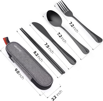 Travel Utensils with Case, Quatish Portable Silverware Set for Work, Stainless Steel Reusable Travel Cutlery Set, Fork and Spoon Set for Camping, EDC Gadgets, Lunch Box for Men, Purple